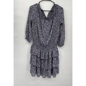 Michael Kors Blue Cloud Floral Smock Off Shoulder‎ Tier Shift Dress Size L